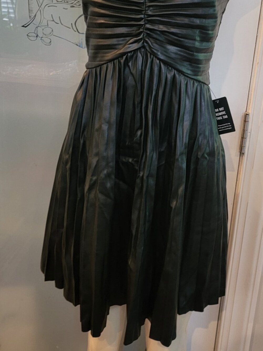 Express Faux Leather V-Neck Pleated Fit And Flare Mini Little Black Dress. - Picture 6 of 15